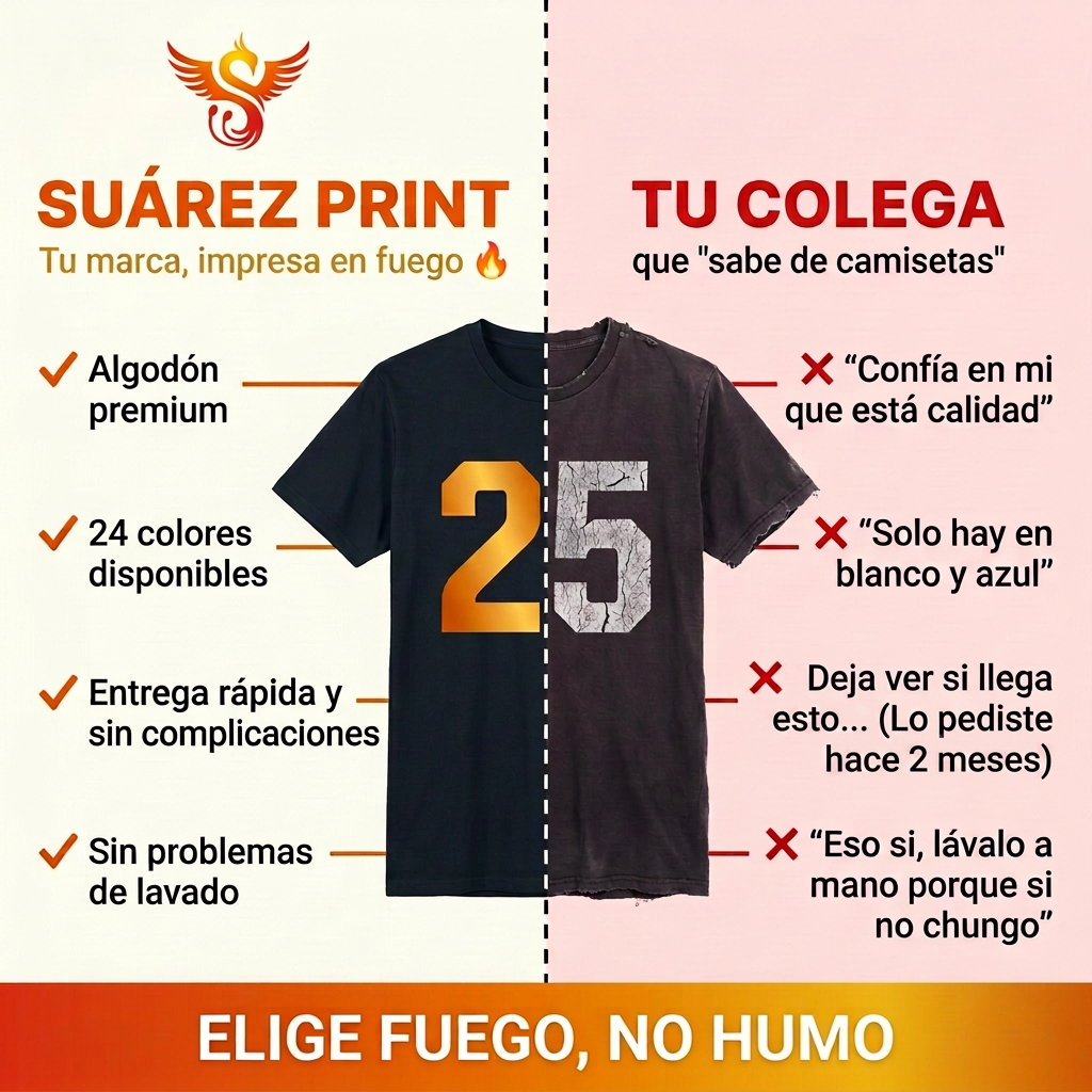 Comparativa Suárez Print frente a "tu colega que sabe de camisetas": algodón premium, 24 colores disponibles, entrega rápida sin complicaciones y sin problemas de lavado